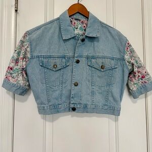 Light Wash Cropped Denim Jacket with Floral Sleeves